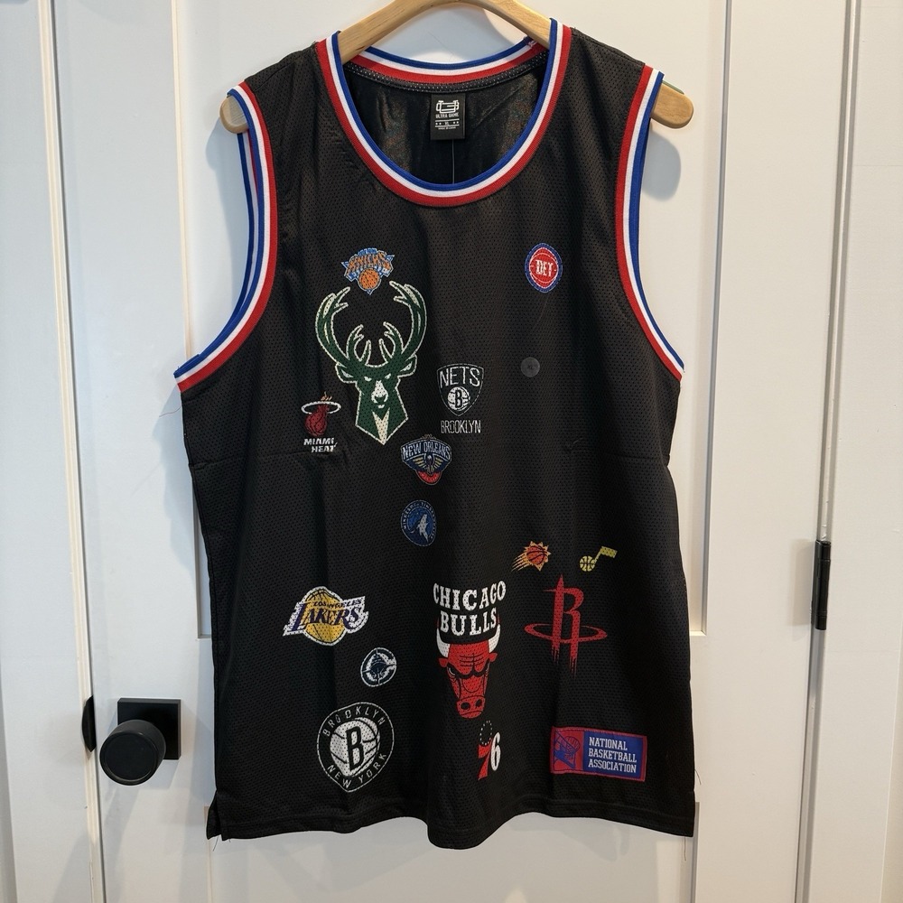 NWT NBA All Teams Logo Jersey Black Mesh Streetwear Bulls Lakers Heat‎ Nets XL